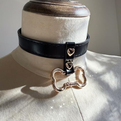 Handmade Bone Ring Leather Choker Collar For Women, Cute Pastel Pink Choker Necklace with Bone Shaped Pendant and Heart Rivets4