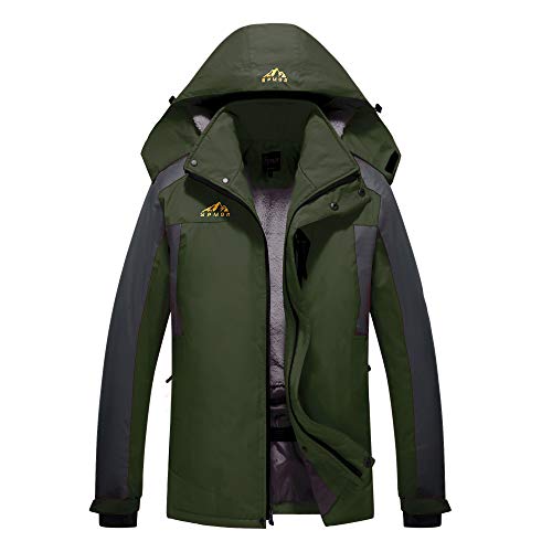 Spmor Men's Ski Jacket Waterproof Windproof Mountain Winter Coat Rain Hooded Coat Army Green Large #TOP19