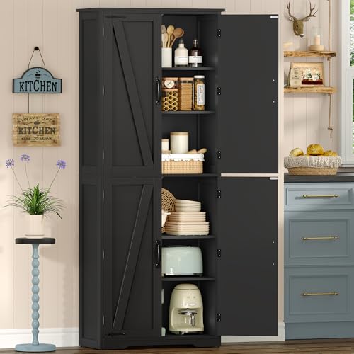 Image of TEENFON Tall Storage Cabinet, Kitchen Cabinet with 4 Shelves, Adjustable Shelves, Pantry Cabinets with 4 Barn Doors, Tall Kitchen Cabinets for Dining Room, Living Room, Black