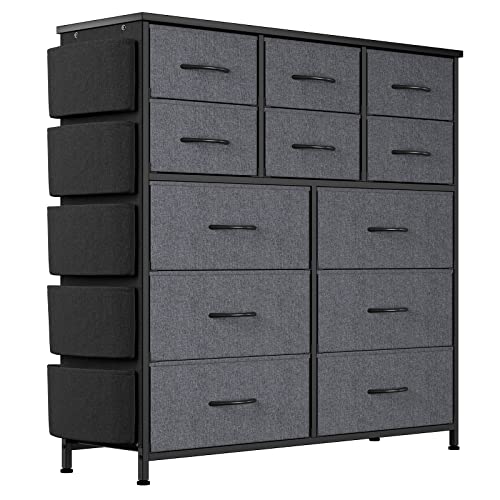 Image of Jojoka Dresser for Bedroom with 12 Drawer, Dressers & Chests of Drawers for Hallway, Entryway, Storage Organizer Unit with Fabric, Sturdy Metal Frame, Wood Tabletop, Easy Pull Handle… (Gray)