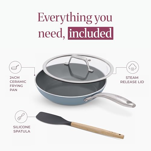 Image of Asai Ceramic Pan for Cooking 24cm Swiss Non-Stick Frying Pan with Lid | Blue | Lab-Tested | 100% Toxin Free | No PFAS, PFOA, PTFE | Superior Swiss Ceramic | Induction Safe │ ISI & FDA Approved