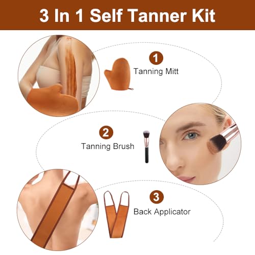 Juego de guantes autobronceadores, 3 en 1, aplicador de espalda, para autobronceador, para aplicación, cuidado de la piel (incluye guantes, paño de limpieza, cepillo de aplicación, marrón) - imagen 3