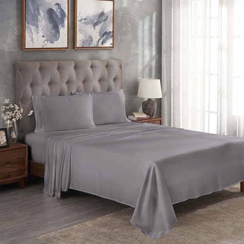 Superior Modal from Beechwood 300 Thread Bed Sheet Set, 1 Elastic Extra Deep Pocket Fitted Sheet, 1 Flat Sheet, 2 Pillowcases, Soft Cool Sheets, Sateen Weave, Bedding Essentials, King, Grey