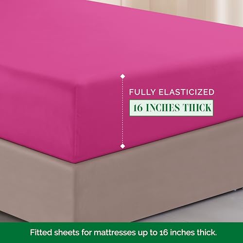 Image of Elegant Comfort Luxurious 1500 Premium Hotel Quality Microfiber Three Line Embroidered Softest 4-Piece Bed Sheet Set, Wrinkle and Fade Resistant, Full, Hot Pink