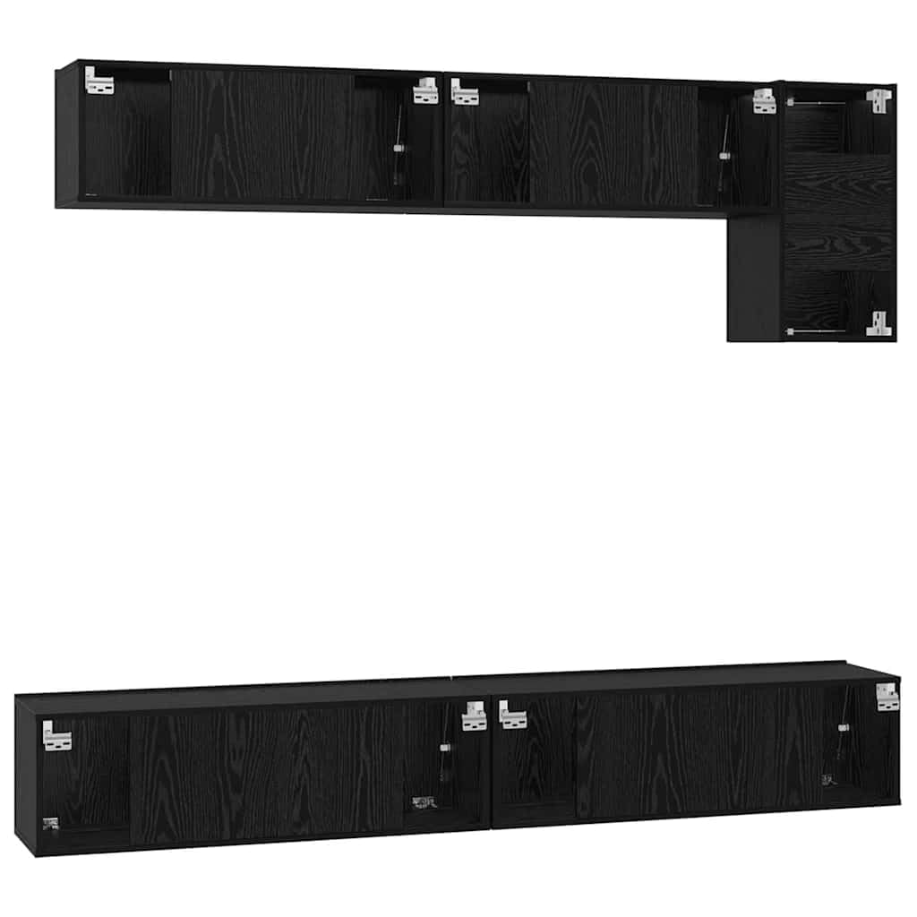 5-Piece Wall Mounted TV Cabinet Set, Black Oak | Features durable engineered wood and hinged doors, providing modern storage for living room media centers.
