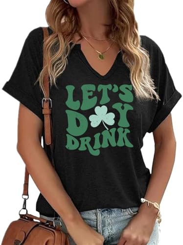 St. Patrick's Day Shirts Women V Neck Lucky Shamrock Clover T-Shirts Irish Festival Graphic Tee Tops(Black-1,L)