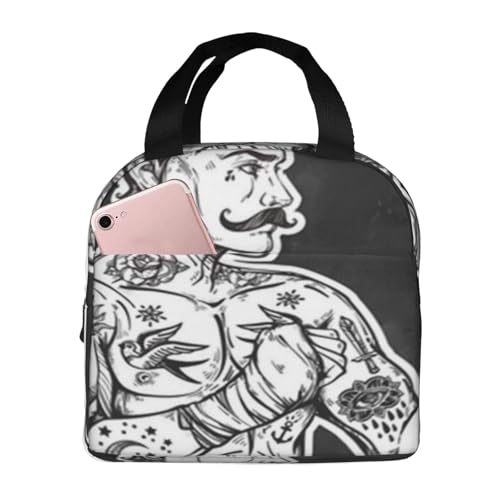 断熱ランチバッグ 大容量 防水 熱漏れ防止 スタイリッシュで丈夫 仕事、学校、アウトドア活動に便利 男女兼用 (アメリカンヴィンテージ トラディショナル タトゥー フラッシュマン ボクシング 落書き スタイリッシュ)