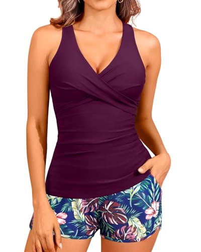 Image of Women Tankini Swimsuits with Shorts - Two Piece Tummy Control Bathing Suits Top with Two Pockets Bottom Swimwear