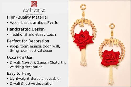 Image of CraftVatika Diwali Decor Items, Shubh Labh Rose Hanging Latkan Toran for Wall Door, Diwali Decoration for Home, Wall Hanging for Home Decoration, (21 CM Height) (2 Pieces)
