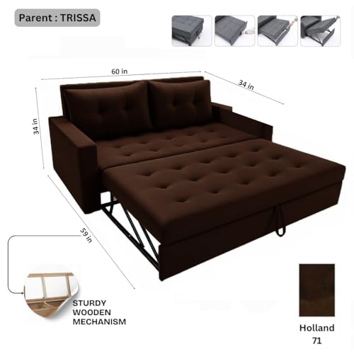 Image of FURNY Tressa 2 Seater Fabric Pull-Out Sofa Cum Bed (Dark Brown) - Premium Velvet Finish - Durable Comfort - Ideal for Living Room