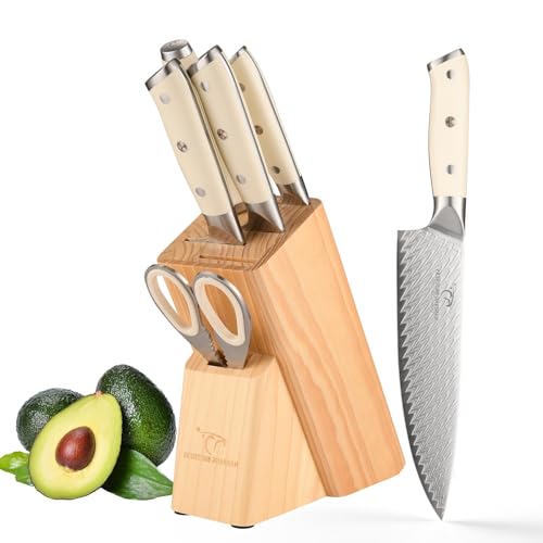 NANFANG BROTHERS Knife Set, 6 Piece Damascus Kitchen Knife Set with Block, VG10 Steel Core with HRC 60 ± 2 Hardness, with Cooking Shears, Perfect Knife Gift