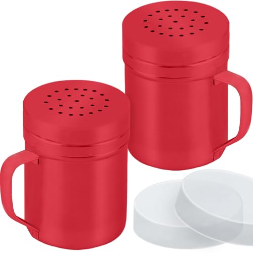 Image of CUSINIUM 6oz Red Stainless Steel Salt Pepper Dredge Shakers - With Plastic Cap - With Handle - Pack of 2