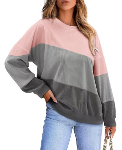 KISSMODA Womens Casual Long Sleeve Sweatshirts Color Block/Solid Tops Corduroy Crewneck Tunic Pullover with Pockets