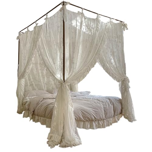 Nicedeal Bed Canopy Curtains Canopy Bed Curtains, Three-Opening Lace Princess Bed Canopy, 4 Corner Post Hanging Bed Canopy Curtains with Ties Fit 4.92Ft Bed Bed Canopies Drapes
