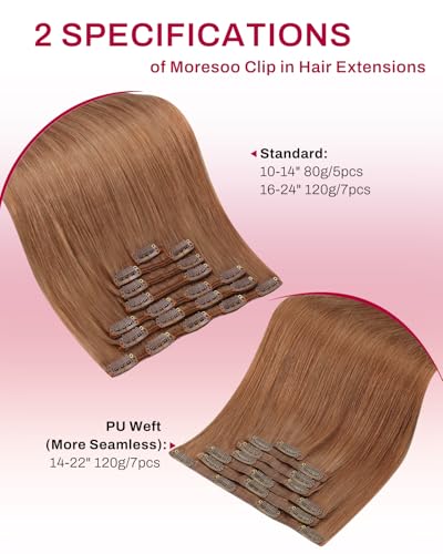 Image of Moresoo Copper Clip in Human Hair Extensions, 18inch Seamless PU Skin Weft | Clip in hair extensions, light copper, 120g 7pcs, for social and autumn styling, adds warm dimension for cozy elegant looks