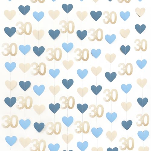 Image of Champagne Gold Blue 30th Birthday Decorations Champagne Gold Dusty Blue Heart Garland Streamer Banner Backdrop for Women Happy 30th Birthday Dirty Thirty Cheers to 30 Years Anniversary Party Supplies
