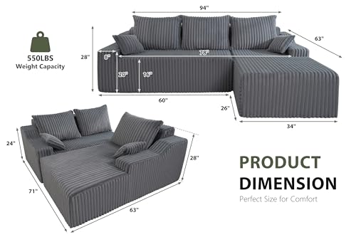 Image of HABUTWAY 94'' Cloud Sectional Couch, Boneless Sofa with Deep Seat, Modular Comfy L-Shape Couch with Chaise for Living Room Bedroom, No Assembly Required(Grey,Right Facing Chaise)