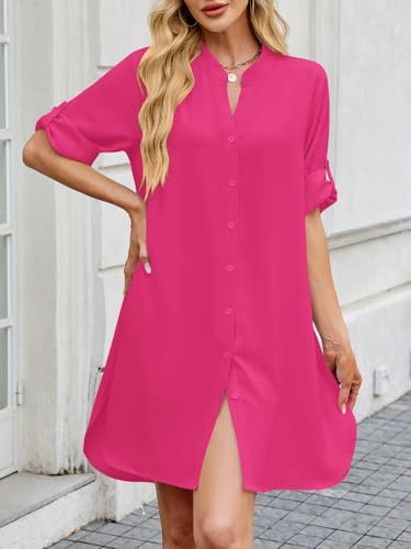 Image of PerZeal Womens Sexy V Neck Button Down Shirt Dresses Summer Short Sleeve Casual Loose Blouses & Button-Down Shifts Cover Ups