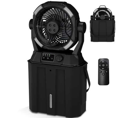 Ventilador de niebla portátil para camping, 42800 mAh, recargable con control remoto, 3 luces LED, control de velocidad continuo y spray de refrigeración con cubo de 6 L, función de temporizador