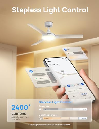 Image of DREO Smart Ceiling Fans with Lights, 52 Inch White Ceiling Fan, 12 Speeds & 3 Fan Modes, Stepless Color Tones, Dimmable LED Light, 1-12H Timer, Quiet DC Motor, Remote /APP /Alexa /Wall Switch Control