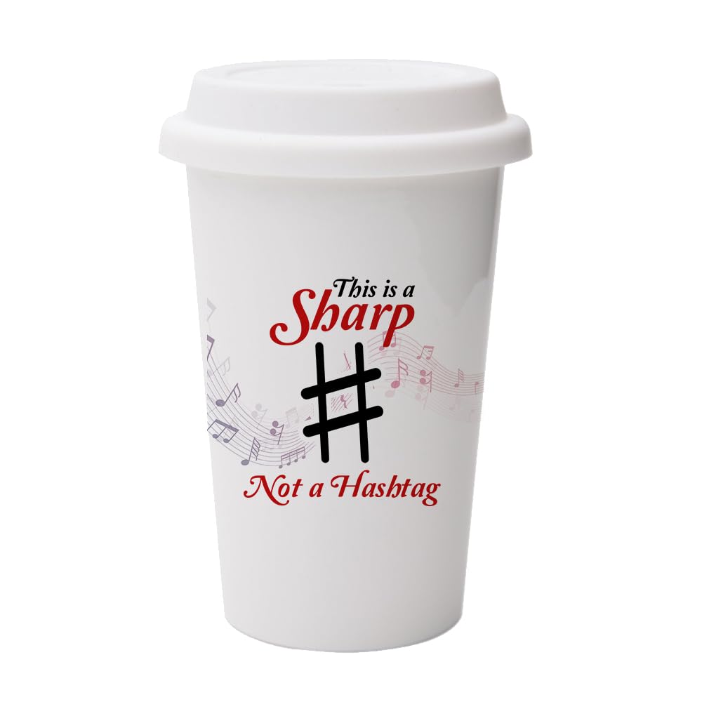 Getagift This is A Sharp Not A Hashtag Music Gift, Music Teacher Gift, Wall Eco Insulated White Ceramic Travel Mug, with White Lid.