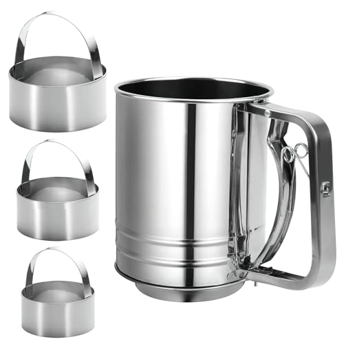 AIHSUMC Stainless Steel Flour Sifter for Baking, Flour Strainer with 3 Pcs Round Biscuit Cutter,3 Cup Double Layer Sieve Hand Crank Flour Sifter Shaker for Powder Sugar,Cakes,Pastries,Pies, Desserts
