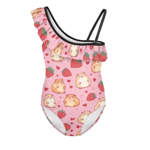 Girls Capybara Hamster Patter One Piece Sling Swimwear Cartoon One Shoulder Ruffle Swimsuits for All Seasons Soft