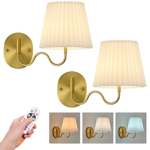 Image of PASSICA DECOR 180 Swing Arm Battery Operated Wall Sconce Set of 2 Wireless Rechargeable LED, 15 Colors Dimmable, Remote Timer, for Bedroom Living Room Gold