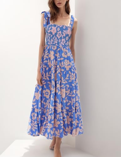 Image of kinstell Women's Summer Boho Spaghetti Strap Square Neck Ruffle Casual Flowy Long Dress Beach Swing Party Maxi Dress