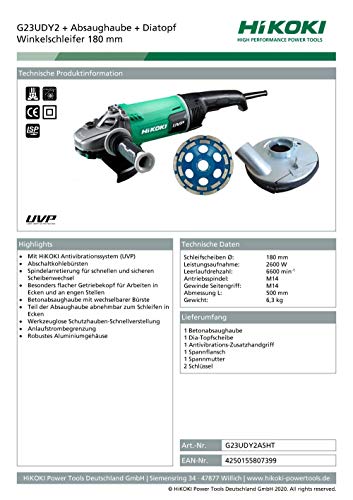 HIKOKI Winkelschleifer 180 mm, G23UDY2ASHT, 2600 W-(230V) mit Absaughaube+ Diatopf – Bild 3