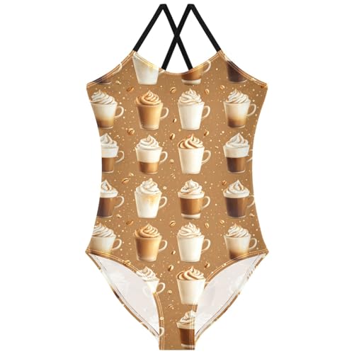 Pigsaly Girls One Piece Swimsuits Hot Drink Coffee Latte Coffee Bean Kids Cross Back Swimwear Beach Sport Bathing Suit 3T