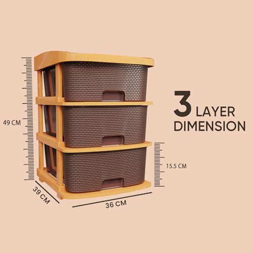Image of TEX-RO Plastic Modular Drawer Storage Chest Of Drawers Organizer Storage Box, Large Stomo Racks For Multipurpose Organizers | Brown | 3 Layer