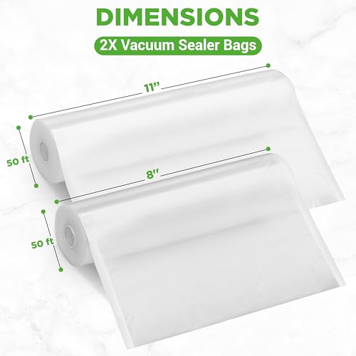 Image of NutriChef Vacuum Sealer Bags for Food 8 inch x 50' & 11 inch x 50' (2 Rolls, 100' Total) - Works with All Sealers, BPA-Free, Heavy-Duty, Multi-Layered - Freezer, Microwave & Sous Vide Safe