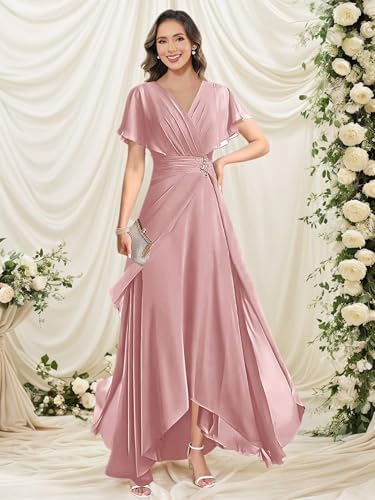 Women's Mother of The Bride Dresses for Wedding Short Sleeve A-Line Beaded Chiffon V-Neck Formal Evening Dresses3