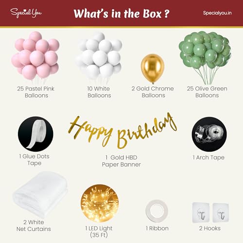 Image of SpecialYou.in Rubber Green & Pink Balloons Birthday Decoration Kit For Kids & Girls, Balloon Decoration Kit - 71 Pcs