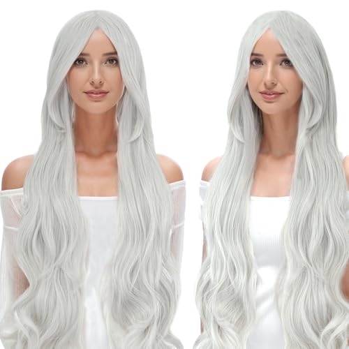Image of Rose bud Hair Cosplay Wig with Bangs Grey 32 Inches Long Wavy Wigs for Women Lady Halloween Anime Party