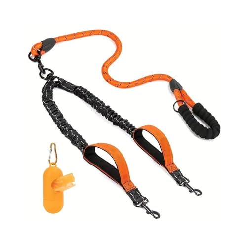 XFSRG Guinzaglio Doppio per Cani Riflettente con Manico Imbottito Taglia Grande Regolabile e Resistente Passeggiate Sicure di Notte Include Dispenser di Sacchetti (Arancione)