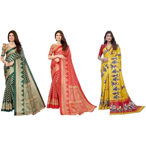 Image of Yashika Women's Sarees Women's Combo Art Silk Printed Saree With Unstitched Blouse Piece |saree for Women | saree combo | New Sari | Saree Pack Of 3