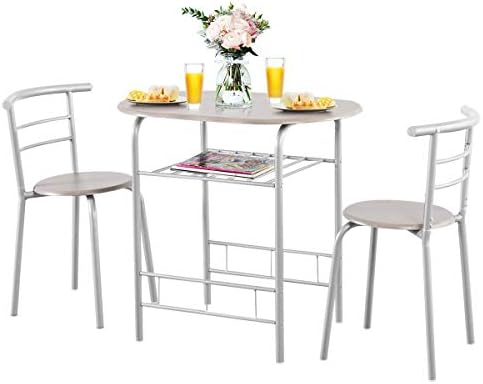 Giantex 3 Piece Dining Set Compact 2 Chairs and Table Set with Metal Frame and Shelf Storage Bistro Pub Breakfast Space Saving for Apartment and Kitchen (Silver & Natural)