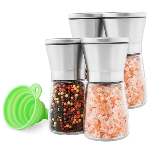 Juego de 4 molinillos de sal y pimienta de acero inoxidable de, molinillo de sal marina y molinillo de pimienta de cerámica ajustable, salero y pimentero de vidrio, molinillo de pimienta