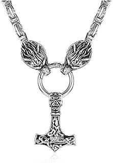 AllerPierce Thor Hammer Necklace for Men Stainless Steel Wolf Head Norse Viking Amulet Thor Mjolnir Pendant Necklaces Viking Jewellery