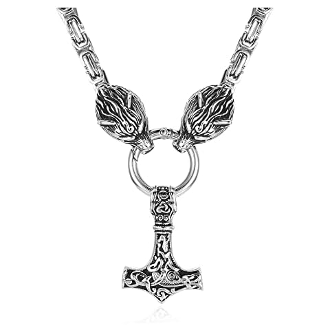 AllerPierce Thor Hammer Necklace for Men Stainless Steel Wolf Head Norse Viking Amulet Thor Mjolnir Pendant Necklaces Viking Jewellery Cover