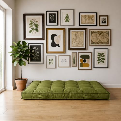 Image of SKANDA FAB Low Seating Cushion -100% Cotton Twill, Hand-Plotted Microfiber Filling, Floor Cushion with 2 Back Support Cushions - Ideal for Living Room, Balcony, Lounge- 80x120 Light Green (Pack of 1)