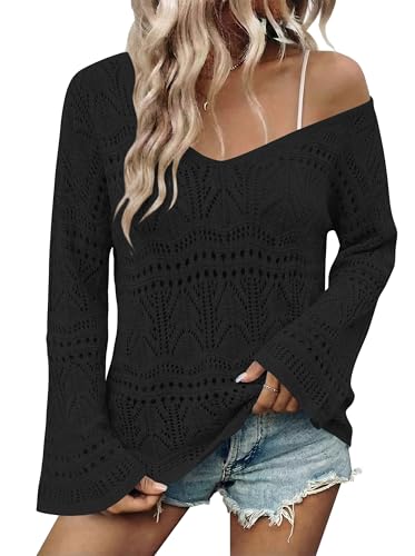 Image of Cakulo Womens Summer Crochet Tops Boho Off Shoulder Sweaters Lightweight V Neck Loose Vacation Resort Wear 2026
