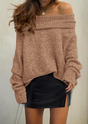 PRETTYGARDEN Women's Off The Shoulder Sweater Long Sleeve Tops 2025 Fall Loose Knit Pullover Sweaters Winter Clothes
