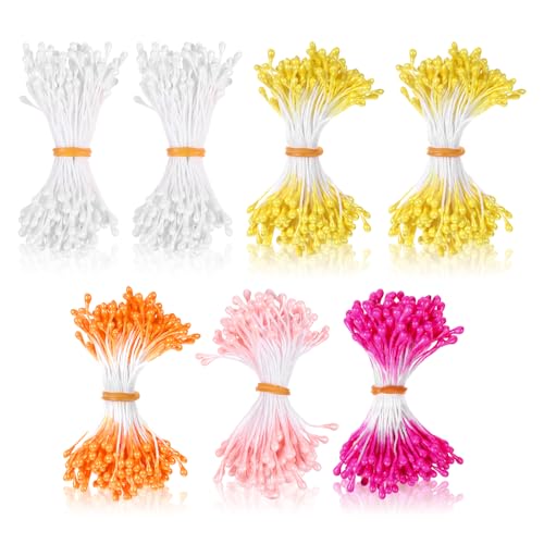Yuomeaz 1050Pcs Flower Stamens for Crafts 3mm Flowers Making Stamens Double-Heads Artificial Floral Pistil for DIY Wedding Party Home Scrapbook Decoration (5 Color)