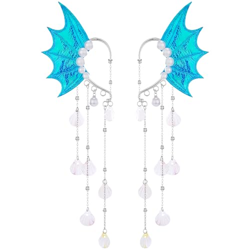 FRESHME Mermaid Elf Ear Cuffs - Fairy Ears Blue No Piercing Elven Ear Clips Wrap with Shell Tassel and Pearl Auricular Fins Dress up Mermaid Renfaire Fantasy Renaissance Cosplay Costume Accessorie