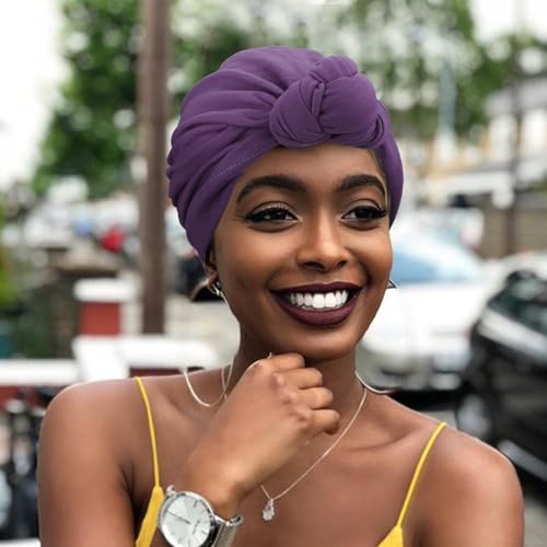 Image of DRESHOW 5 Pack Knotted Headwraps for Women African Turban Pre-Knotted Beanie Headwraps Hair Covers