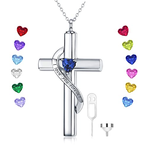 SOULMEET Crystal Cross Necklace for Ashes, Sterling Silver I Love You Forever Birthstone Cross Urn Necklaces for Ashes Keepsake Cremation Jewelry for Pet Human Ashes