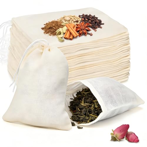 IOGOG 50 Pcs Tea Bags for Loose Leaf Tea Reusable Tea Bags Natural Unbleached Cotton Drawstring Sachet Bags Empty Tea Bags for Spice Herbs Sachet & Filter Bags (3 x 4 Inches)